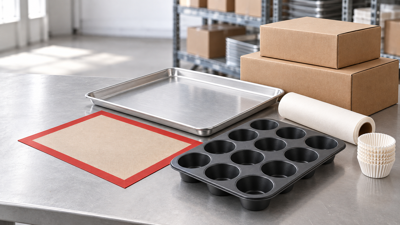 Mixed baking supplies with bakeware, a silicone mat, parchment paper, paper liners and unbranded cartons